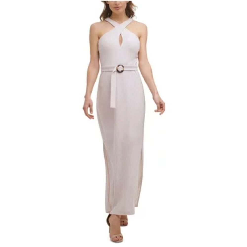 GUESS Textured Belted Halter Maxi Dress Women's 8 Beige Side Slit Sleeveless